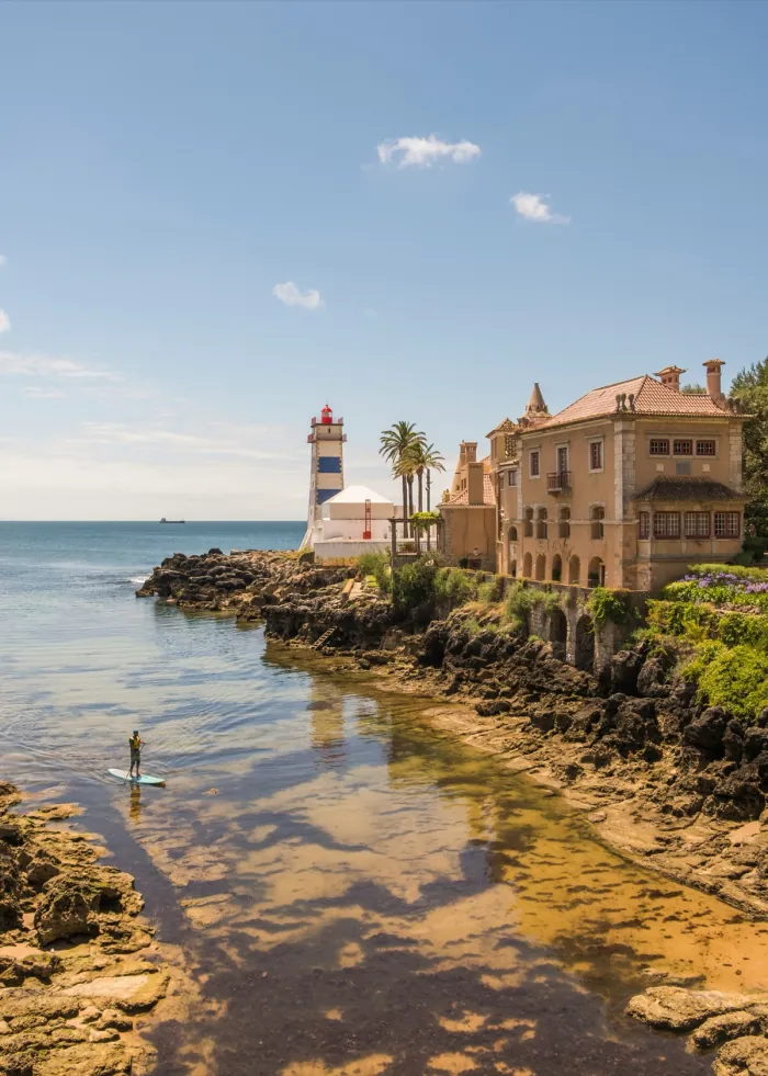 The Santa Marta lighthouse at Cascais, seen from the water.