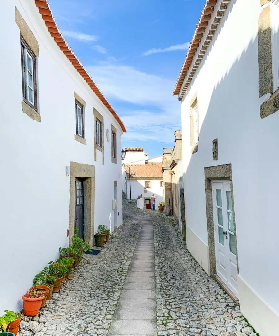 A narrow street of whitewashed houses in an Alentejo village, pots by the doors.